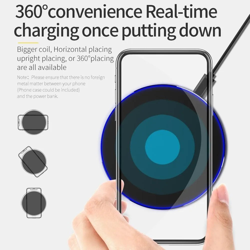 Ultra-thin black wireless charging pad measuring 98mm square with 6.5mm profile