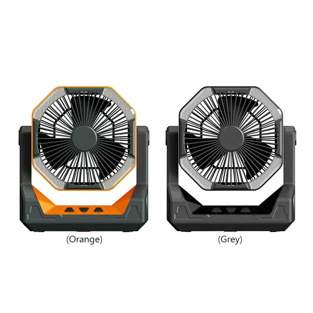 8000mAh telescopic wireless camping fan in orange with aluminium tube, four speeds, and night light on a picnic table