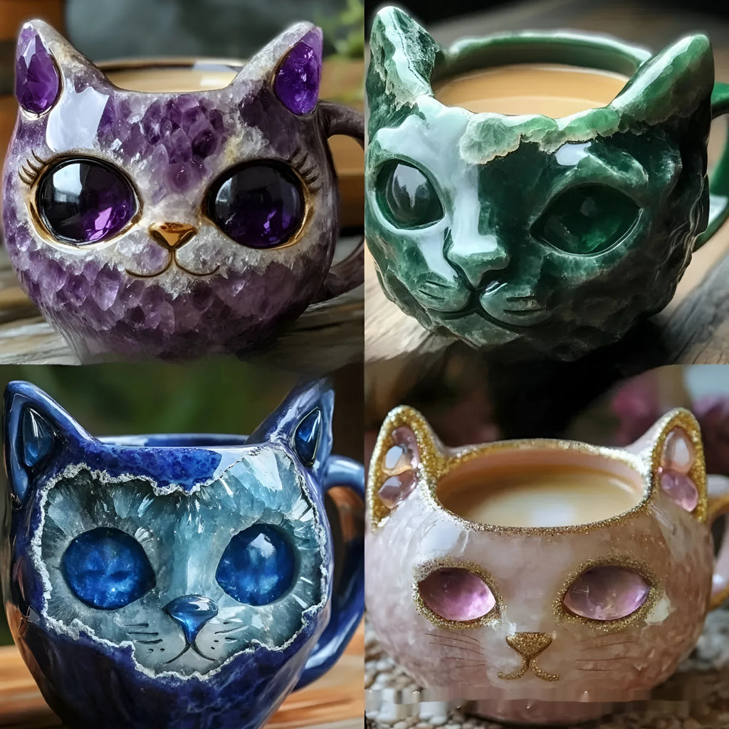 Handmade purple resin geode mug with a crystal cat cup design on a wooden table.