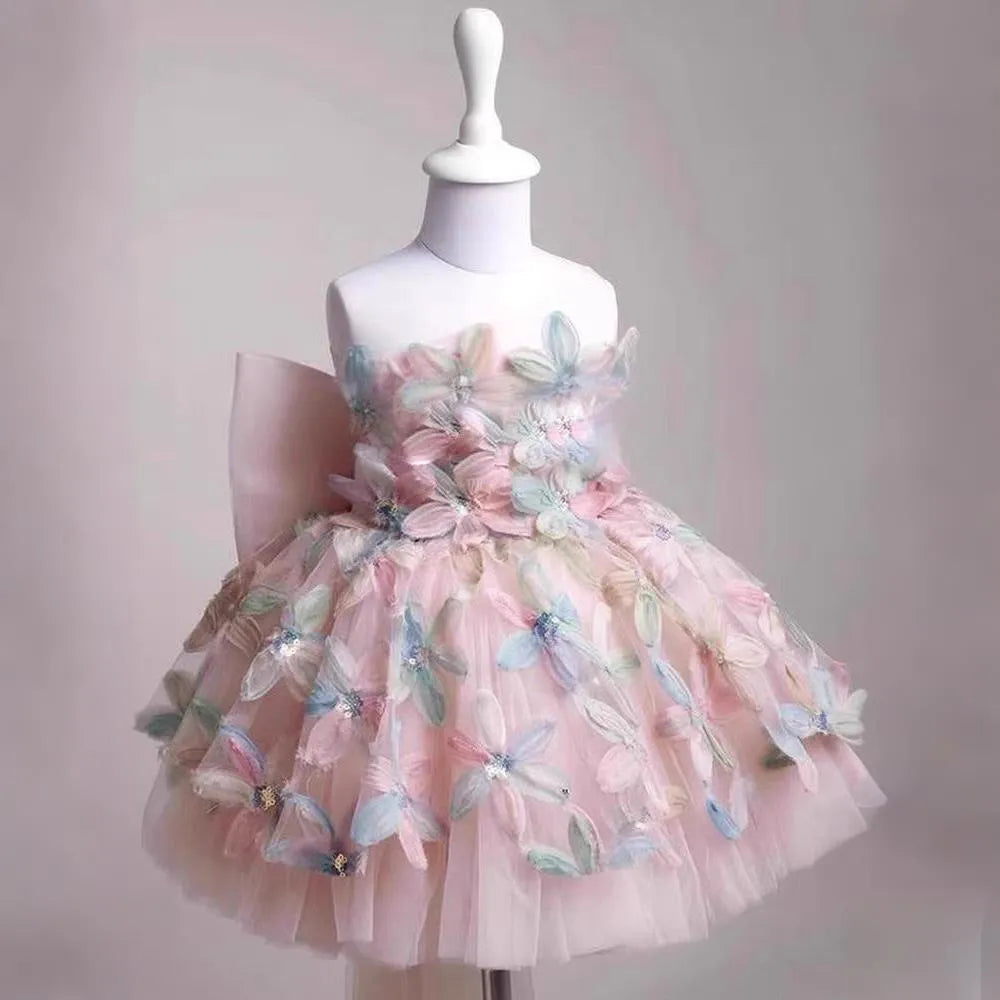 Children's full dress light luxury minority high-end princess style polyester fibre, blue one shoulder, suitable height 80-130cm