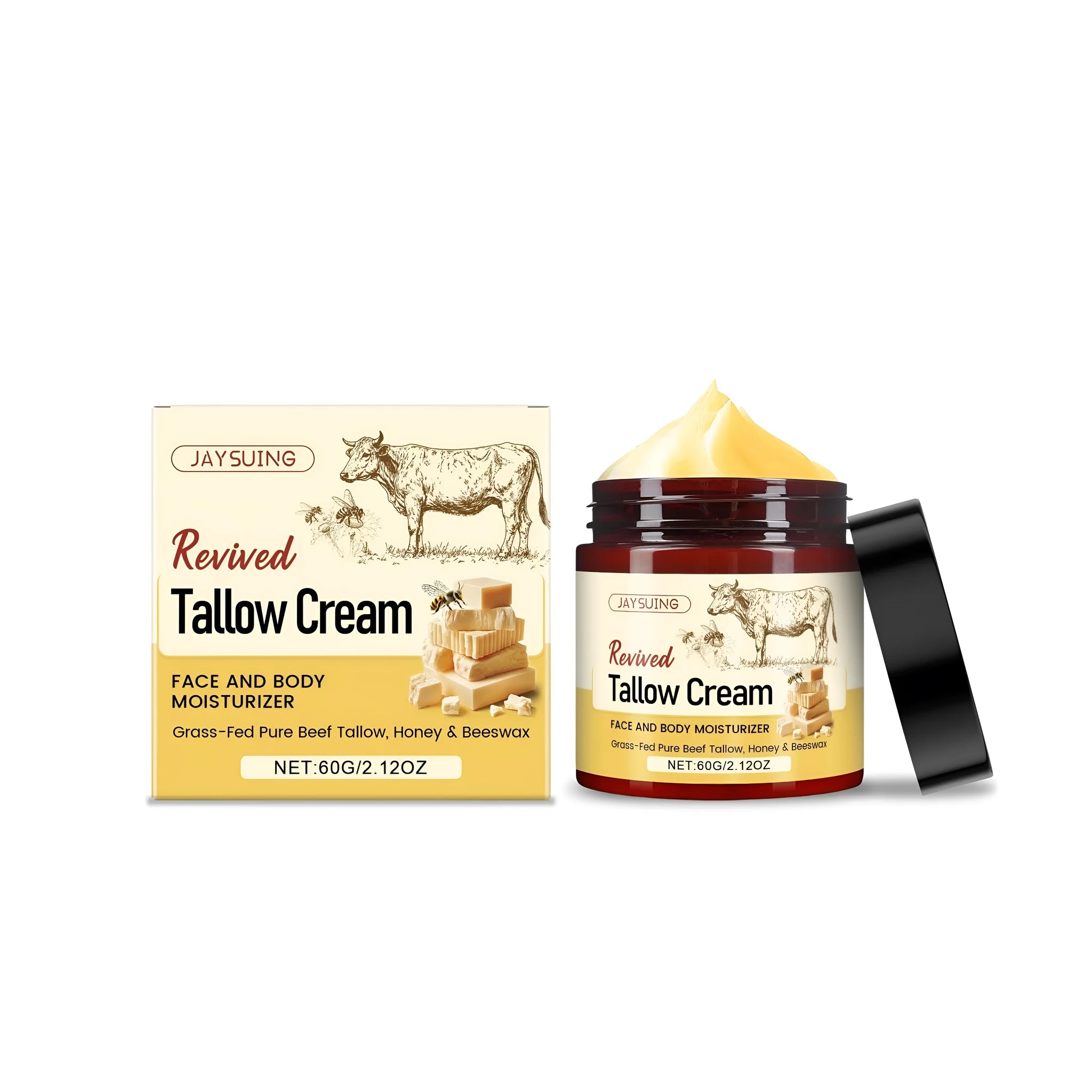 60g jar of tallow moisturising cream with glycerin and olive oil ingredients