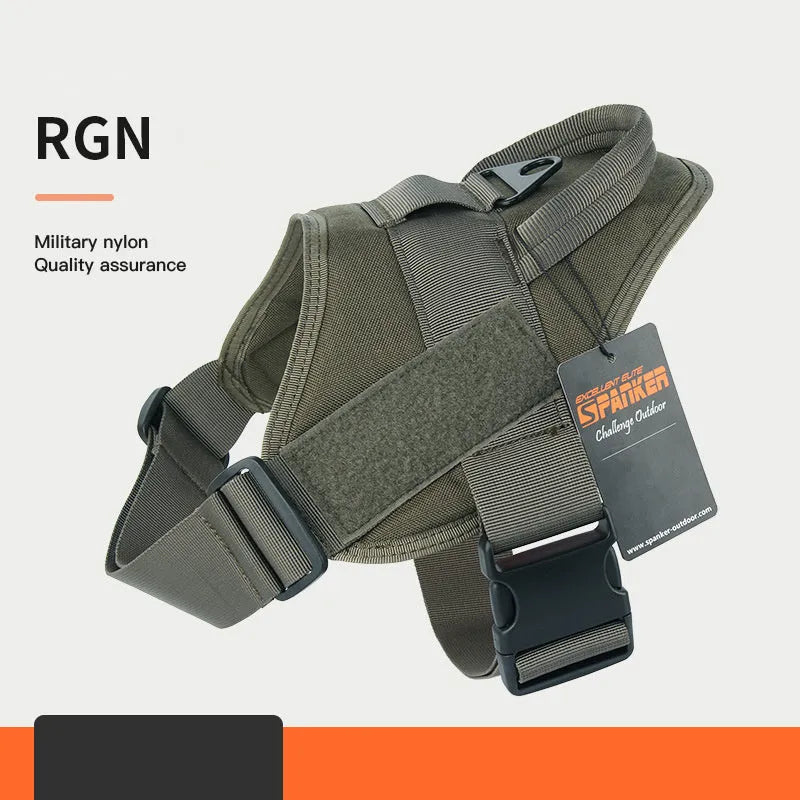1050D nylon large medium dog harness with UTX buckle and military webbing on grey background