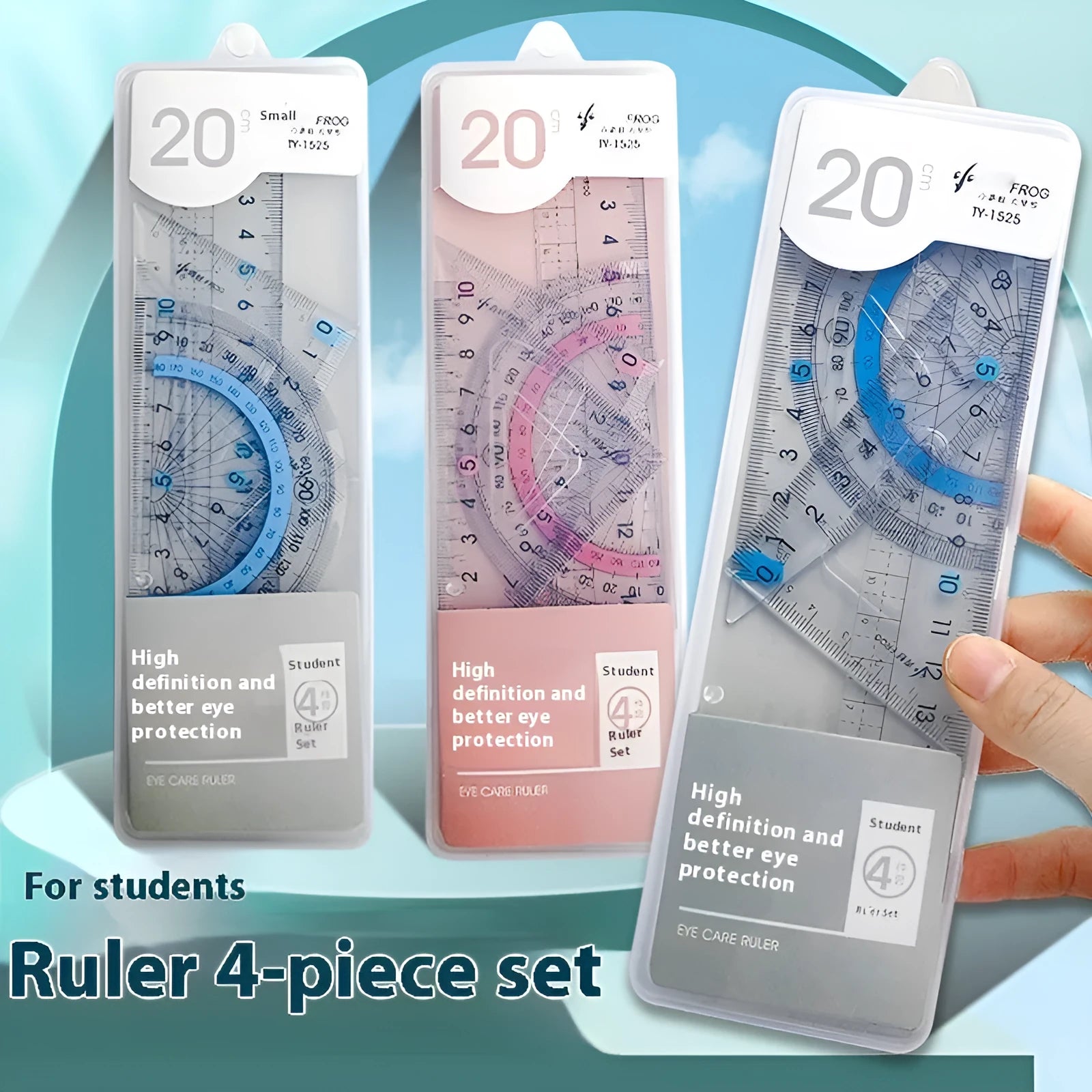 Youpai transparent acrylic drawing ruler set showing square, protractor, and rulers for geometric drawing