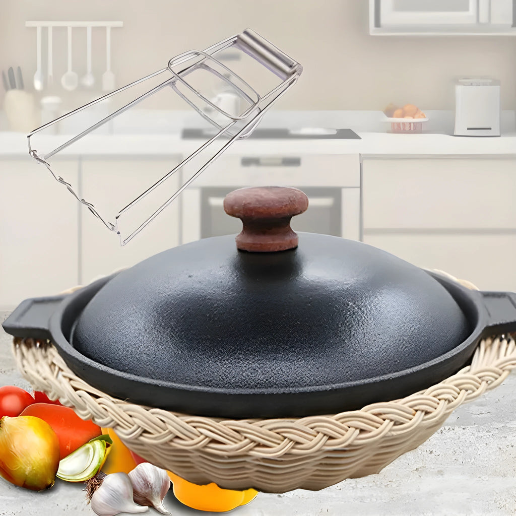 Silver cast iron cooking pot with lid on hob, 18cm size slow cooking stew