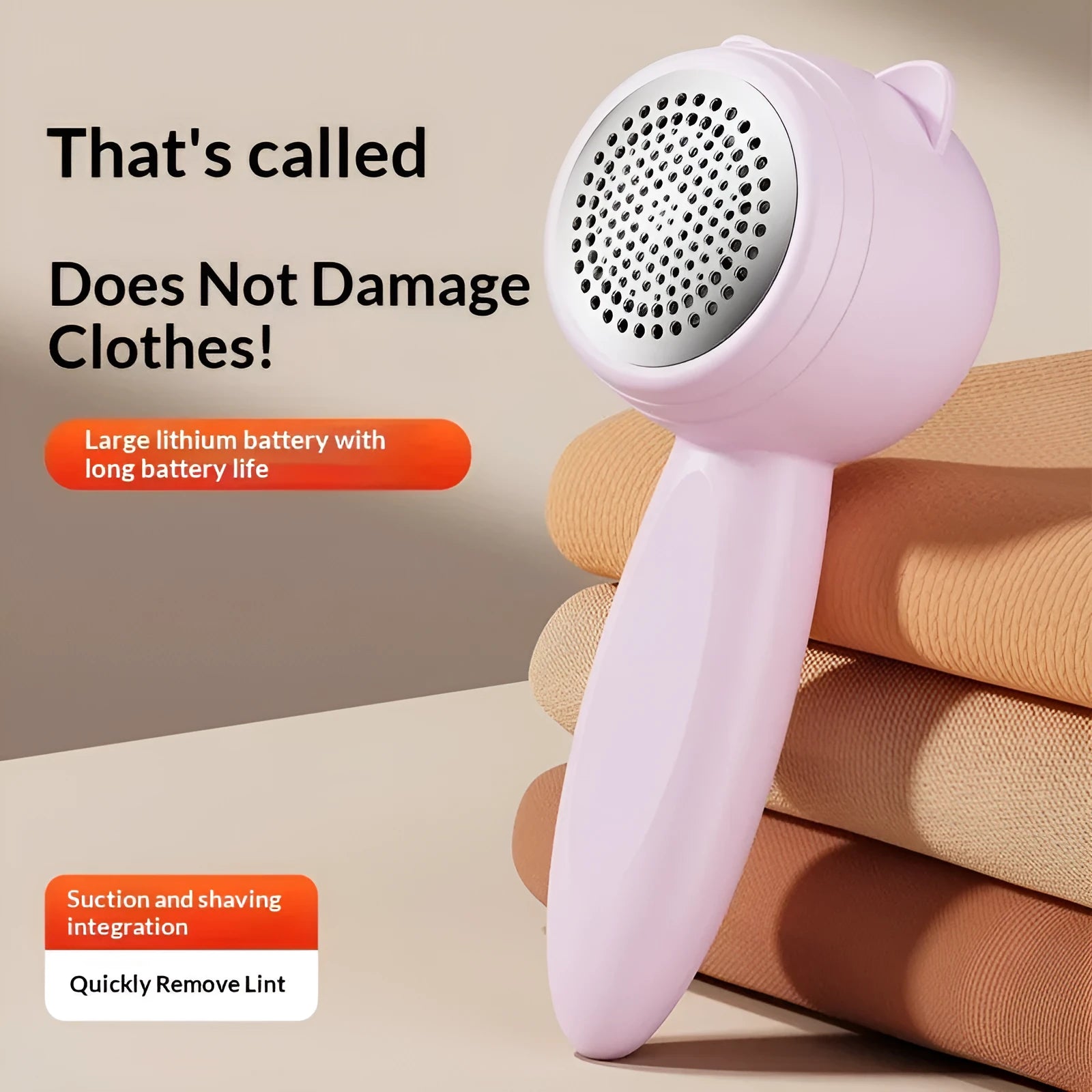 Small cat portable rechargeable hair remover for removing lint and pet hair from clothes, in pink purple and cream colours