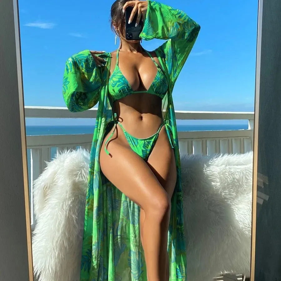 Women's floral print banded bikini set with long sleeve robe cover-up in blue colour