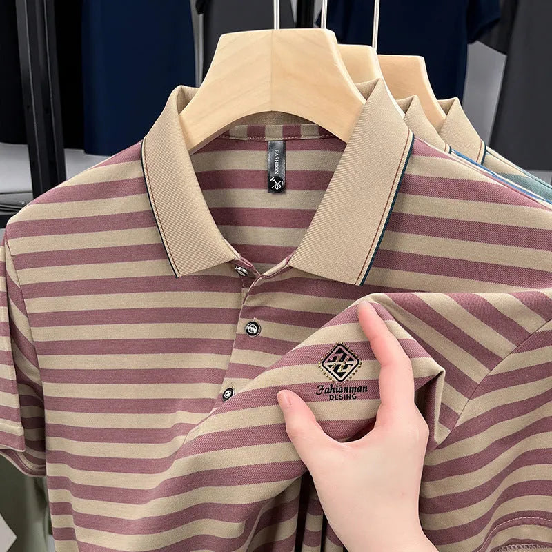 Men's striped casual t-shirt with mosaic pattern detail on short sleeves