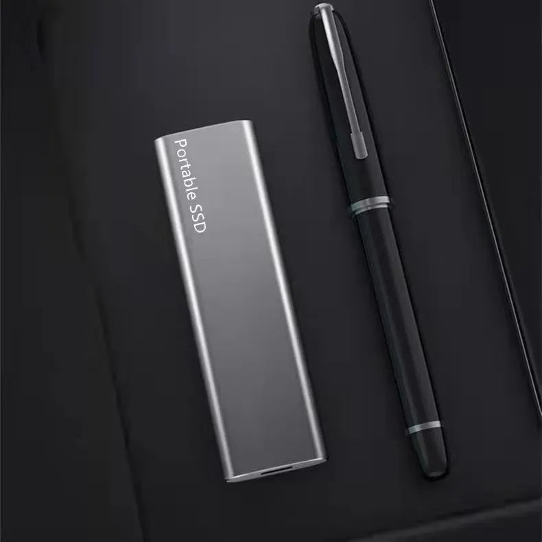 Ultra-thin metal mobile SSD external hard drive showing red colour option with capacity size display