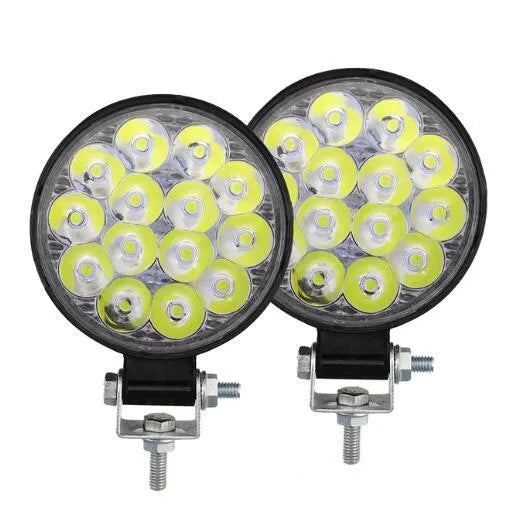 White mini round aluminium LED work light for car, truck, or boat with 42W power and IP67 rating.