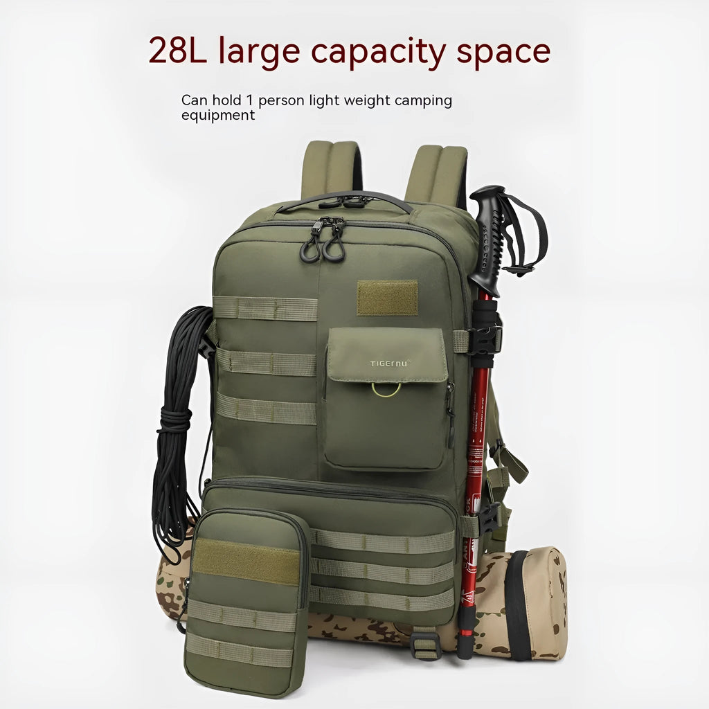 Army Green waterproof tactical backpack with 17-inch frame and 20-35 litre capacity