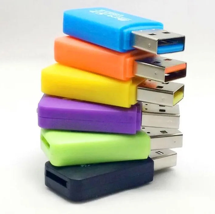 Mini USB TF and SD memory card reader on a white background