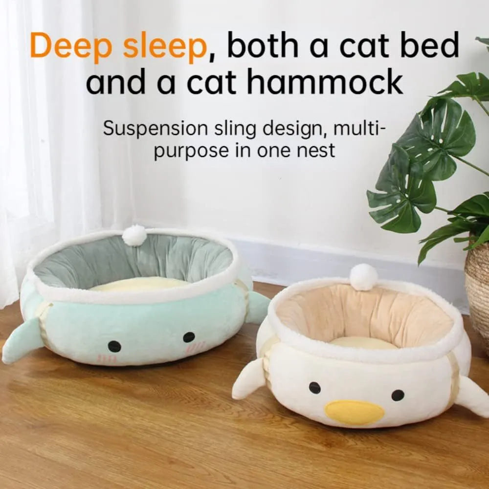 Green chick-shaped cat bed that can be used flat or hung as a hammock for small pets.