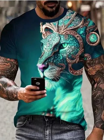 Men's grey T-shirt with a raised 3D print of a fierce lion's face on the front.