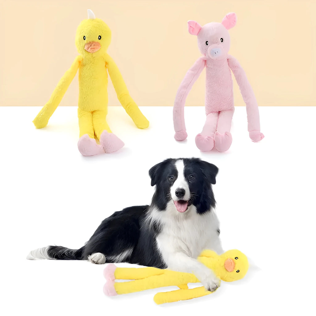 Large pink and yellow plush dog toy with paper texture for golden retriever chewing and dental care