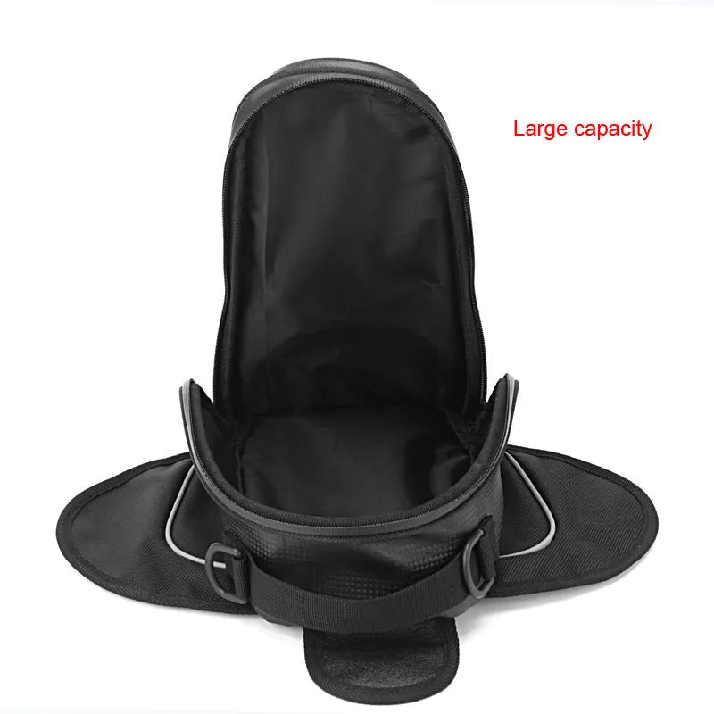Black motorcycle fuel tank bag measuring 350x170mm attached to a bike