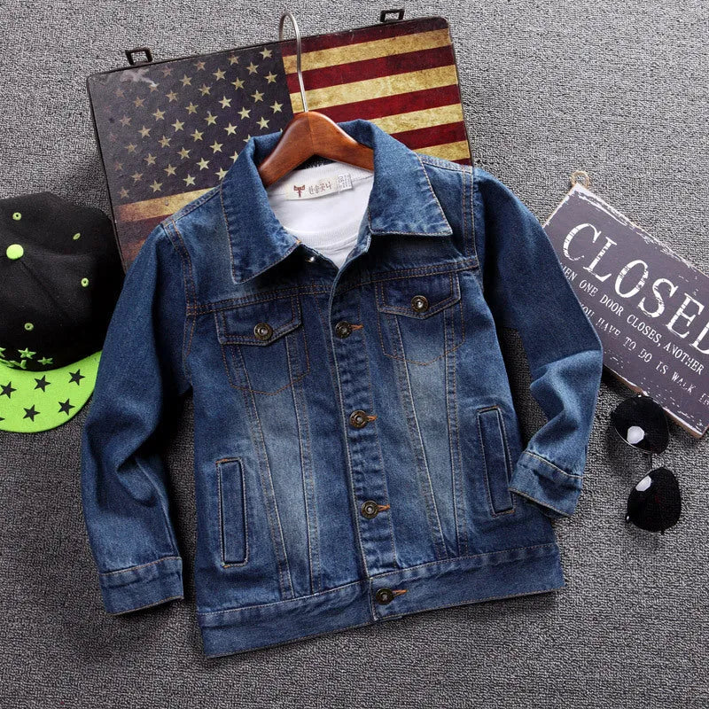 Children girls ripped denim jacket in dark blue cotton with hood, available in multiple sizes