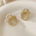 Gold copper flower basket earrings for women with pearl inlay and small bead details