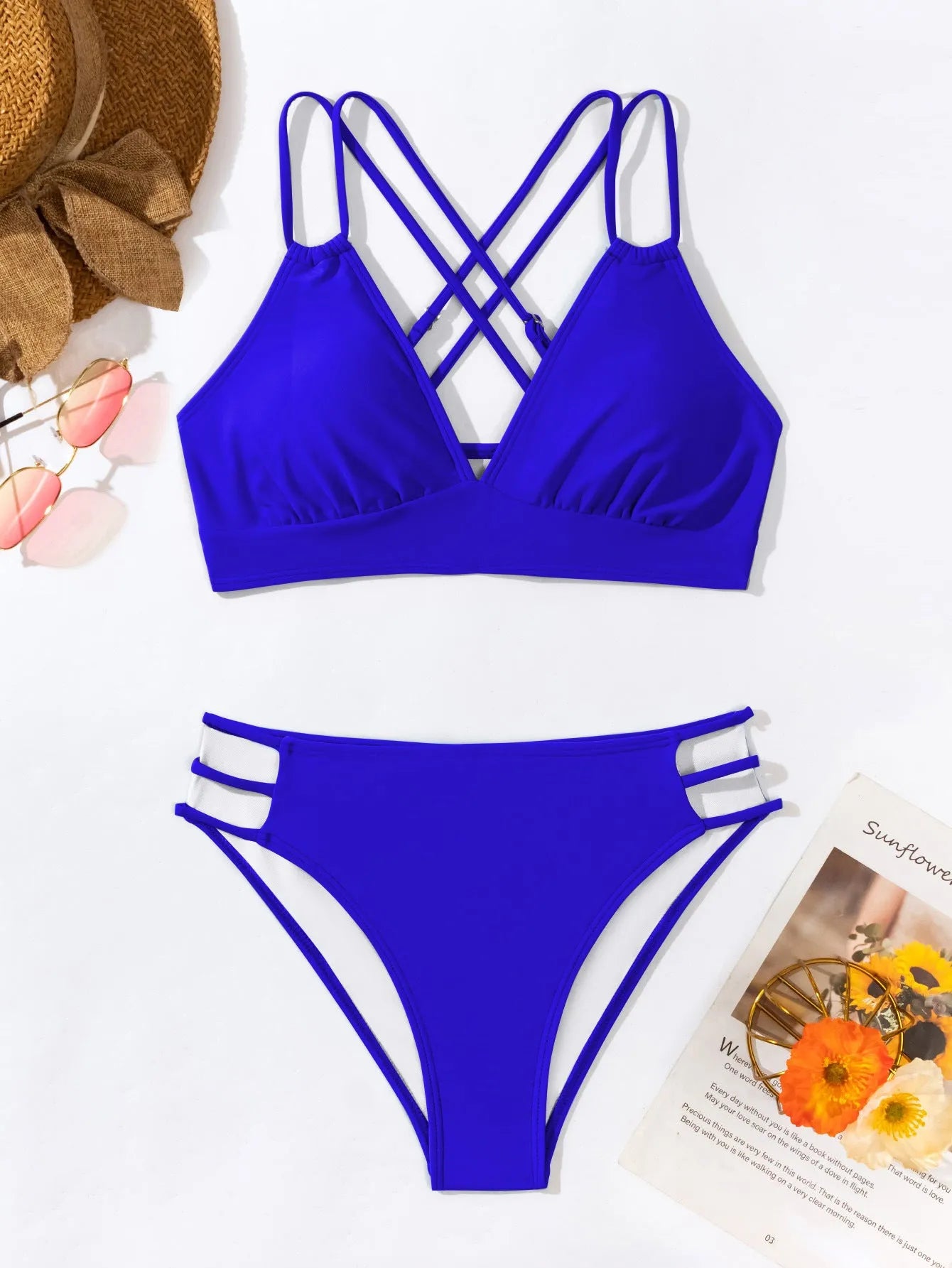 Women's black halter neck V-neck bikini swimsuit with split-style bottoms
