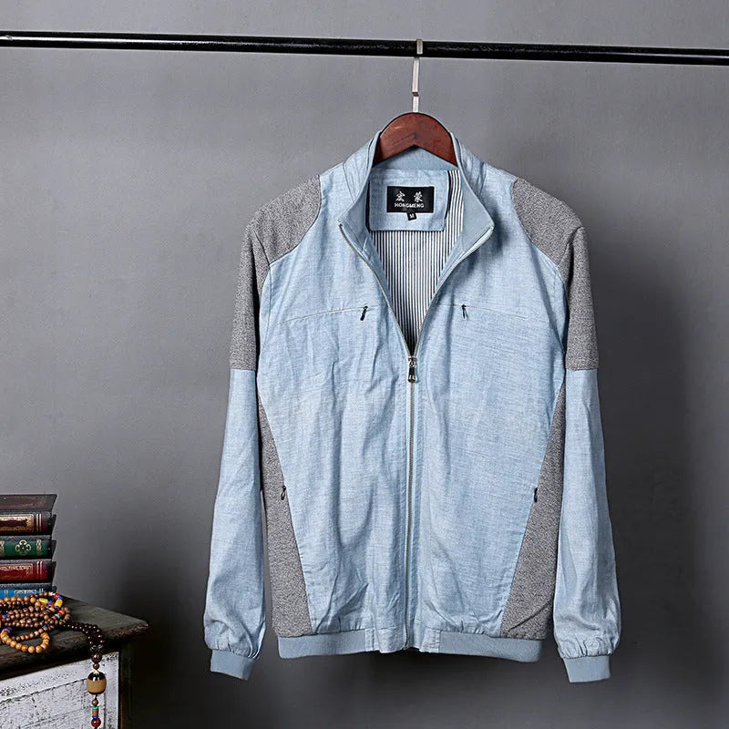 Men's lightweight cotton linen jacket in regular fit shown in blue, grass green, or heather grey colour options.