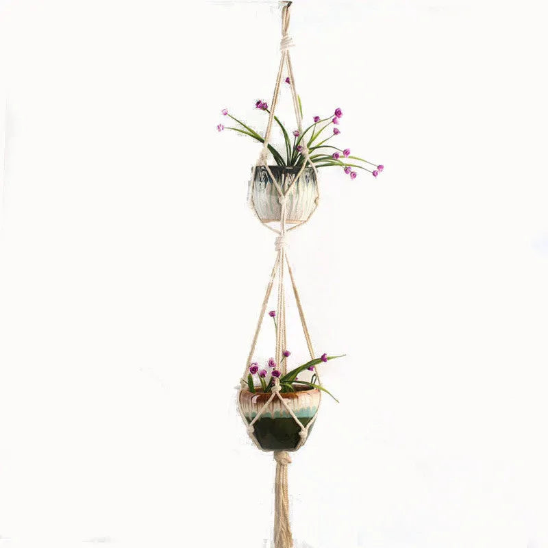 Woven wire cotton rope plant hanger macramé pot holder in European American village style