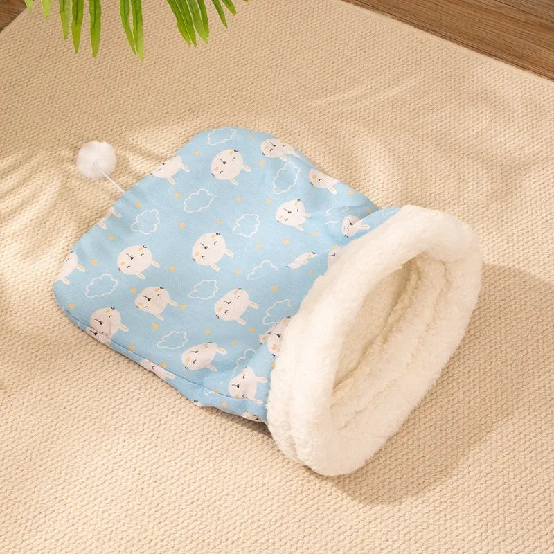Flannel cat sleeping bag nest pet bed in blue, pink, or stripe pattern, size 50cm by 40cm.