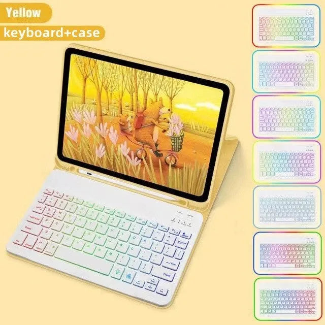 iPad in a colourful TPU leather case with a built-in luminous RGB backlit Bluetooth keyboard and stand open.