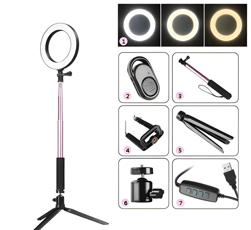 Self-made fill light artifact 5W LED ring light 20cm five-in-one kit black with tripod and phone clip on desk