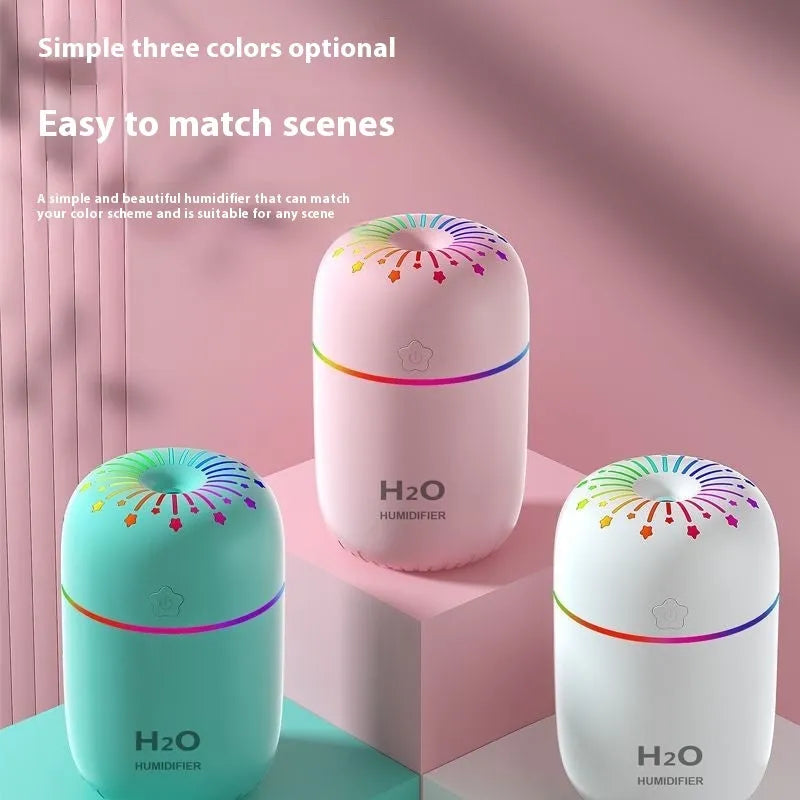 Compact white USB mini humidifier with 300ml water tank on desk beside laptop