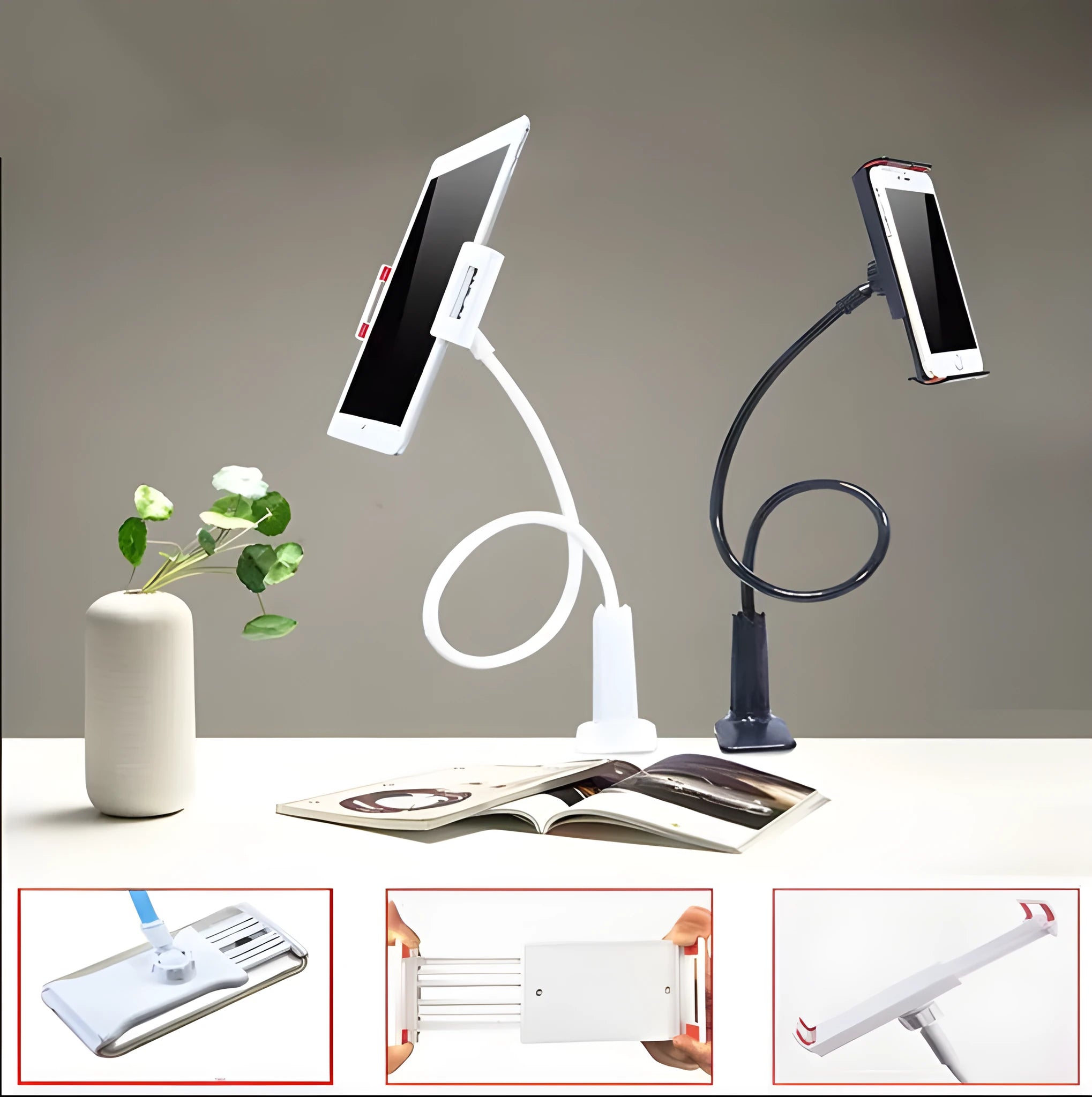 Black bedside phone holder with long arm mounted on a wooden table