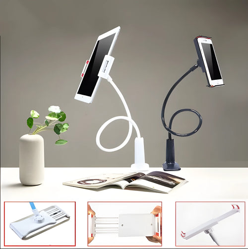 Black bedside phone holder with long arm mounted on a wooden table