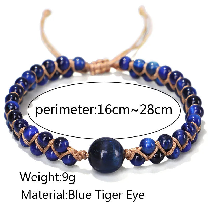 Handwoven geometric bracelet with genuine tigereye or amethyst stones and adjustable closure