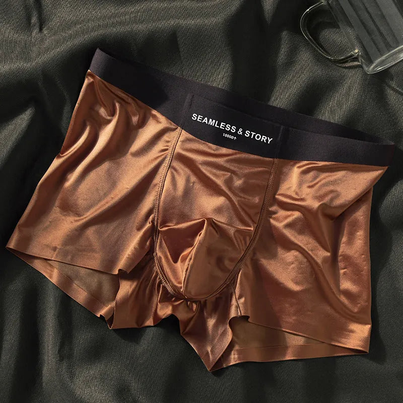Men's ice silk underwear set in blue colour showing mid waist design and smooth satin fabric