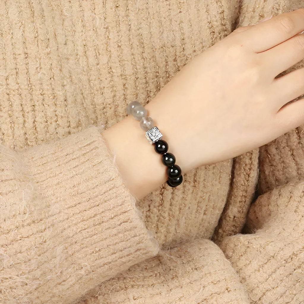 Khaki crystal couple bracelet with geometric shape and Chinese style elements
