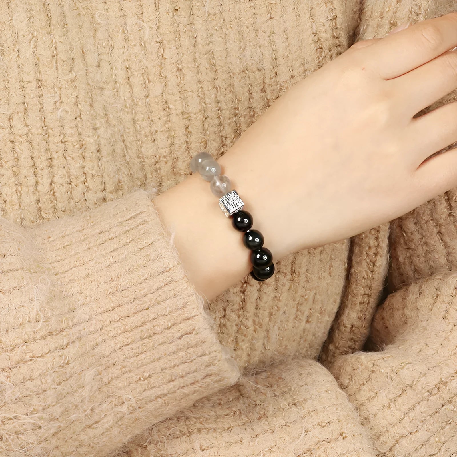 Khaki crystal couple bracelet with geometric shape and Chinese style elements