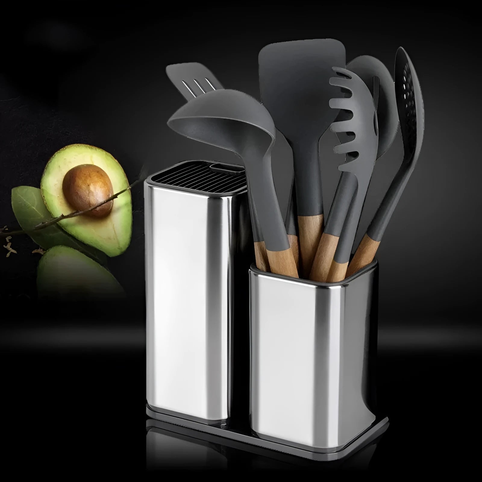 Stainless steel kitchen tool holder with 8 inch knife organiser and detachable storage bucket in black colour