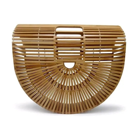 Polished bamboo clamshell backpack bag in natural finish with crossbody strap – holiday beach bag