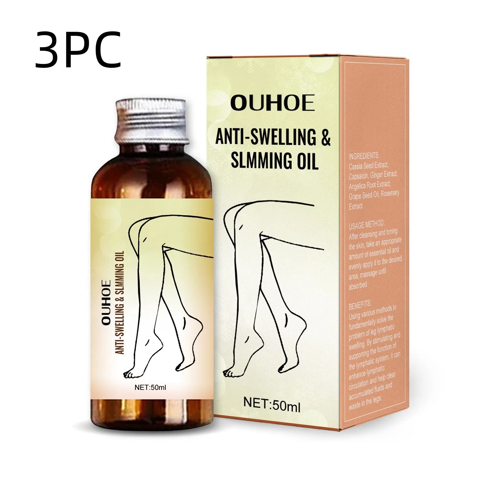 50ml bottle of moisturising body essential oil with natural extracts for skin care and leg massage.