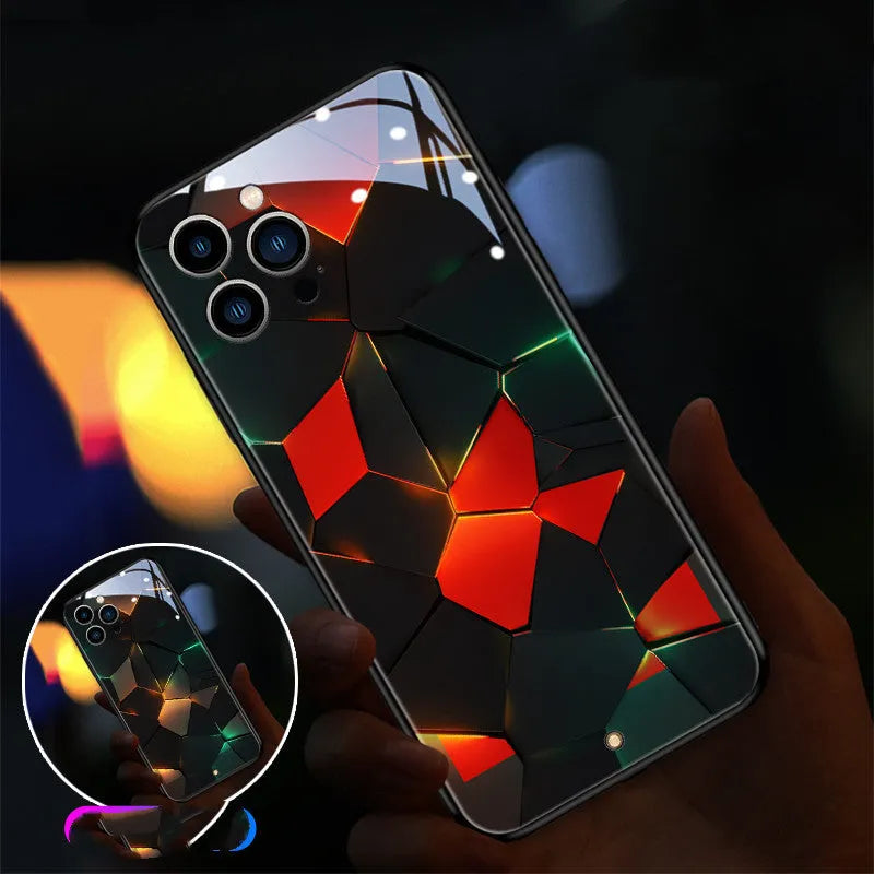 Clear tempered glass iPhone case with LED light notification feature on a phone.