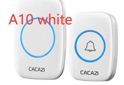 Wireless doorbell system with receiver unit and battery-operated transmitter showing colour options in black, white, gold, and silver finishes