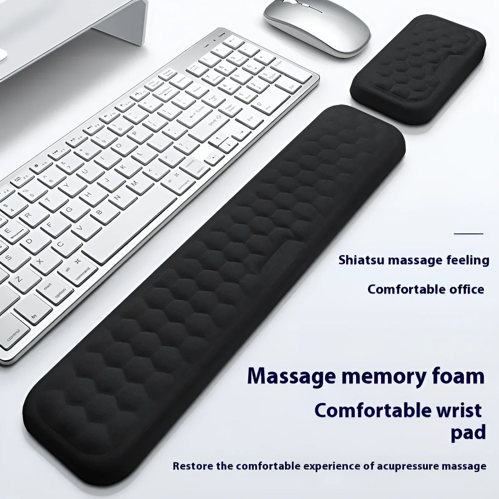 Memory foam mouse wrist rest with silicone base in black cloth and grey leather style options.