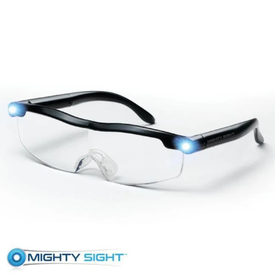 Transparent black USB reading glasses with integrated LED lights on the frame.