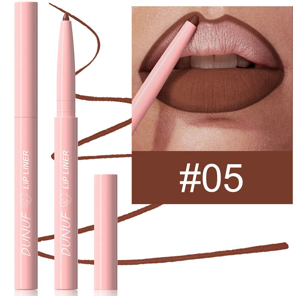 A single velvet matte lip liner pencil shown with a swatch of its colour, representing one of 12 available shades.