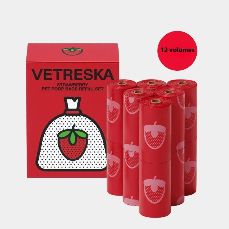 Thickened dog poo bag capsule with scented roll in strawberry, orange or cherry blossom style