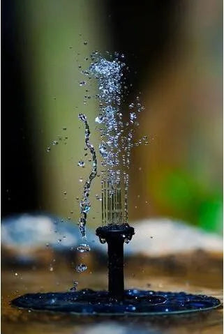 Black solar-powered floating water fountain with spray nozzles for garden bird baths and ponds