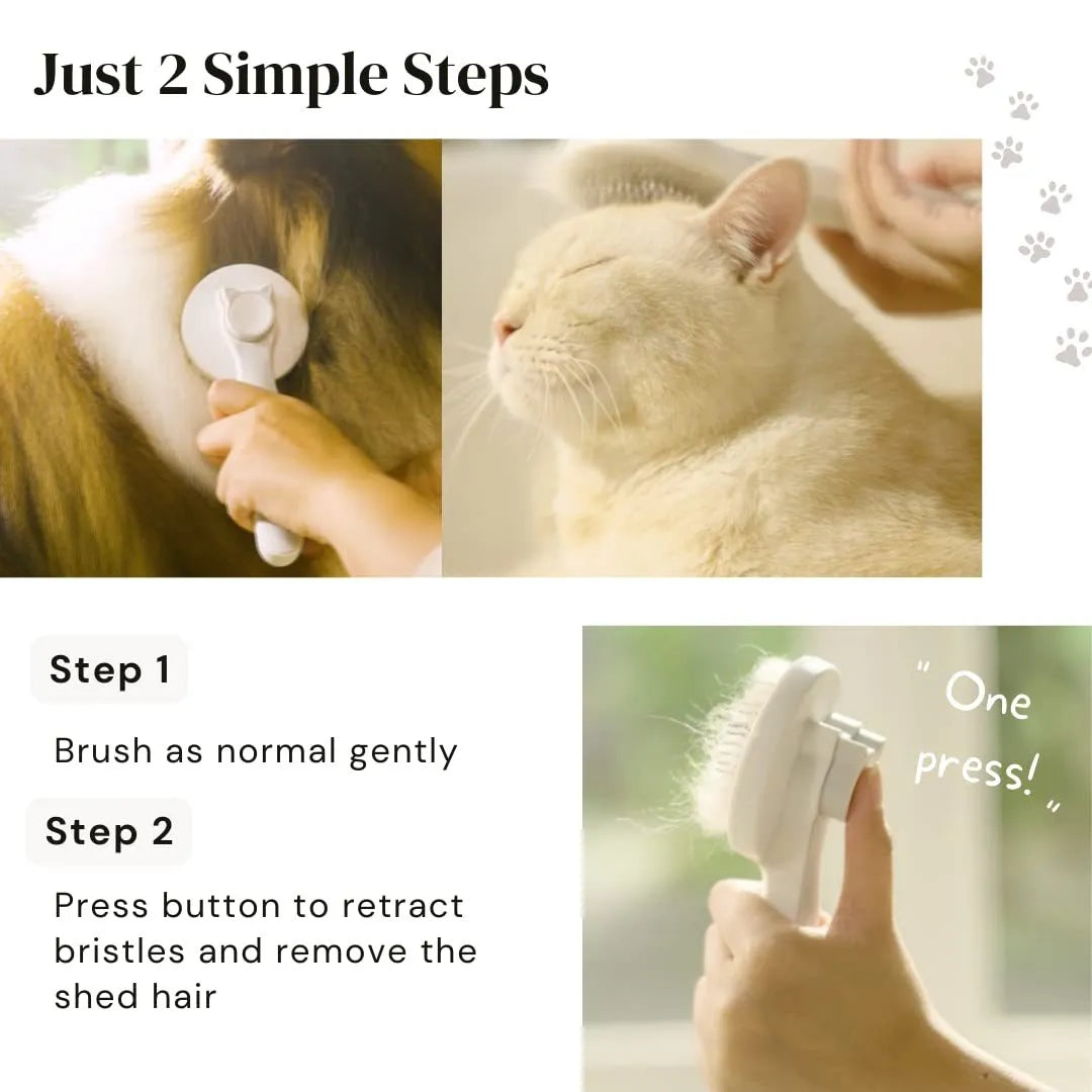 Blue self-cleaning slicker brush for dogs and cats on a table, showing ergonomic rubber handle and stainless steel pins.