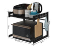 Retractable metal kitchen microwave rack with two layers on a countertop
