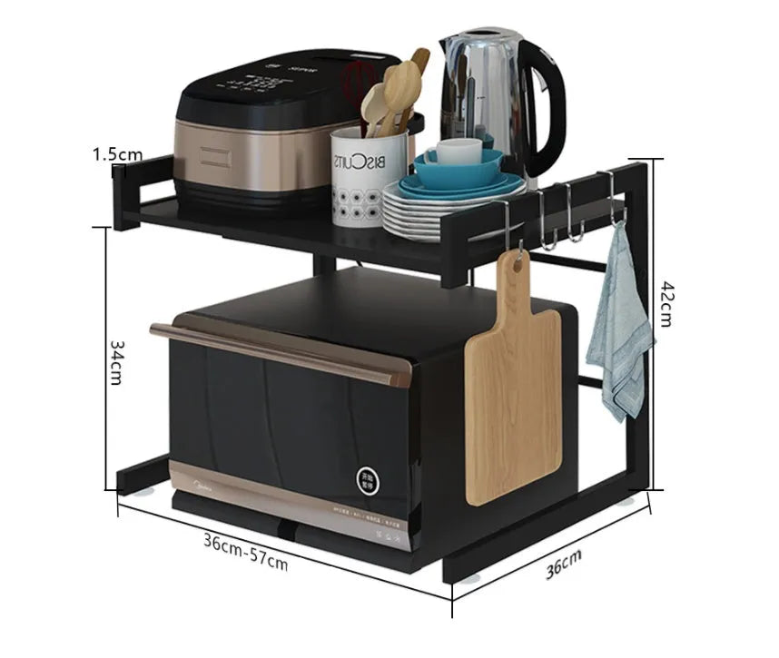 Retractable metal kitchen microwave rack with two layers on a countertop