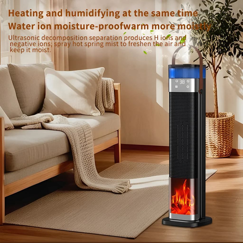 Tall vertical ceramic space heater with humidifier function and remote control on a wooden floor.