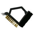Triangular-shaped barbecue cleaning brush with steel wire bristles and a black polypropylene handle.