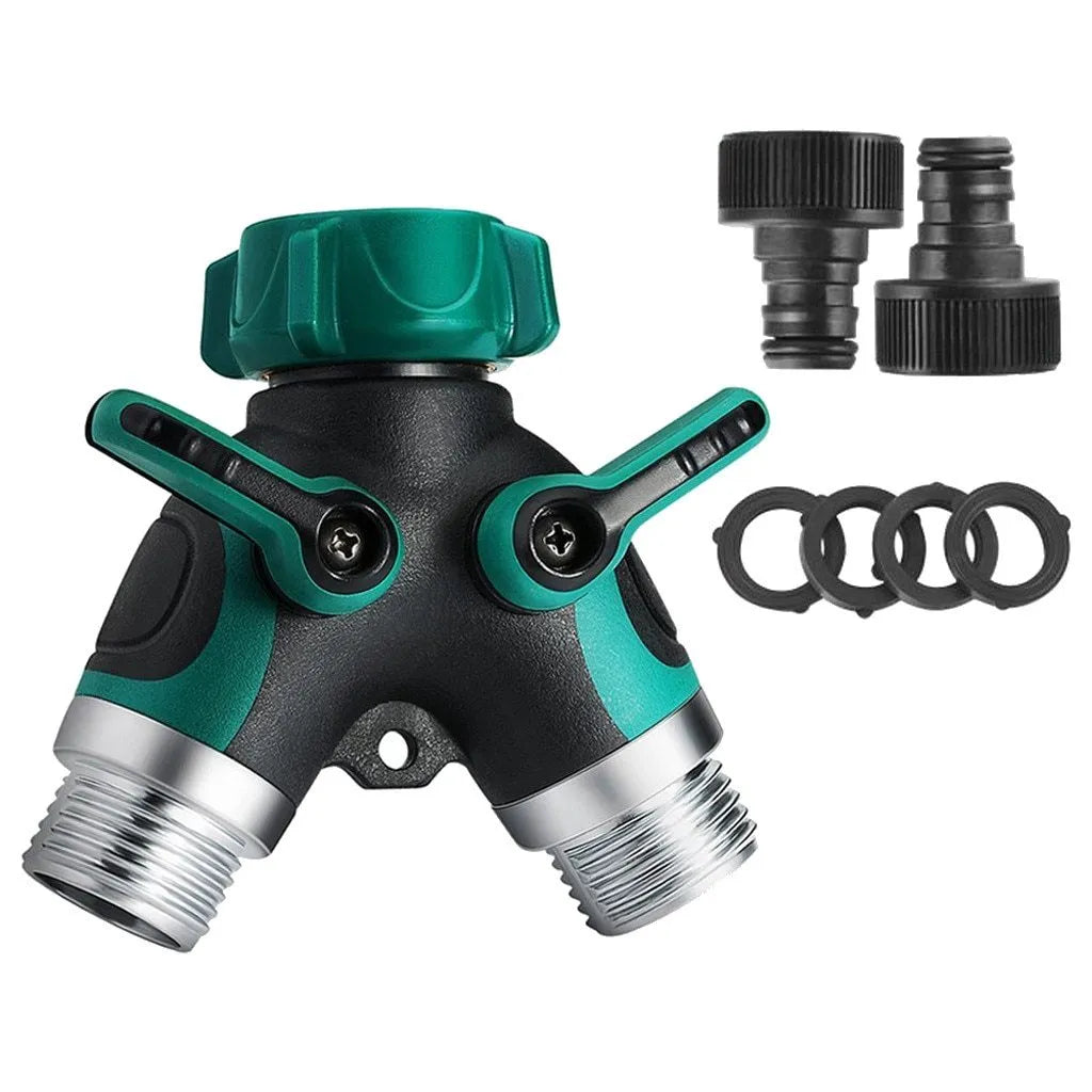 Y type double-pass splitter, green, plastic body with TPR encapsulation, zinc alloy outlets, 94x91x55mm